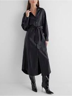 Express Black Long-Sleeve Tie-Waist Midi Dress